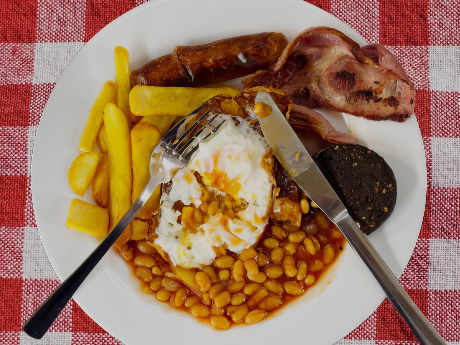 The English: ein Full English Breakfast mit Ei, Bohnen, Speck, Wurst, Black Pudding und Pommes auf einer rot karierten Tischdecke