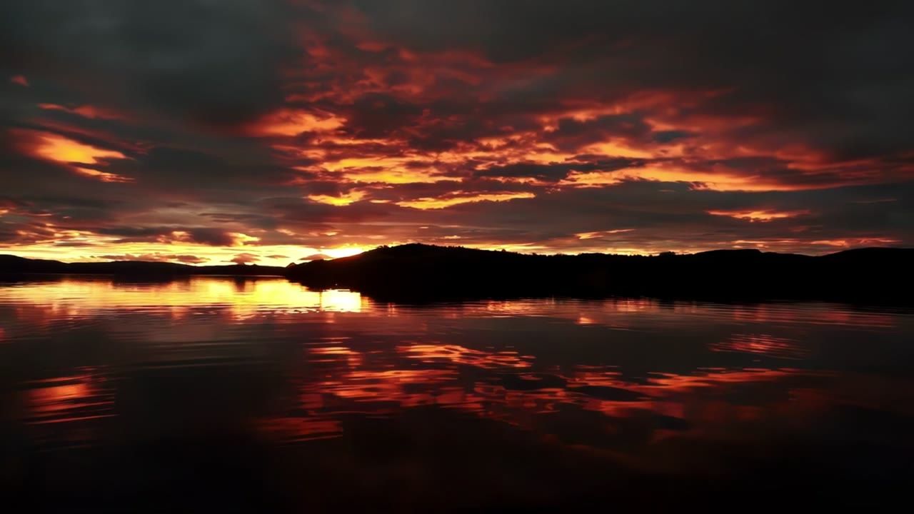 Feuerroter Sonnenuntergang über einem See und Bergen in Nordnorwegen